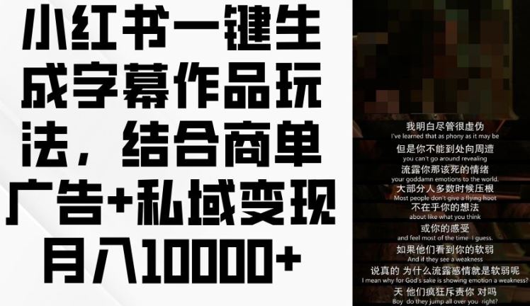 小红书一键生成字幕作品玩法，结合商单广告+私域变现月入1w+【揭秘】-项目网站
