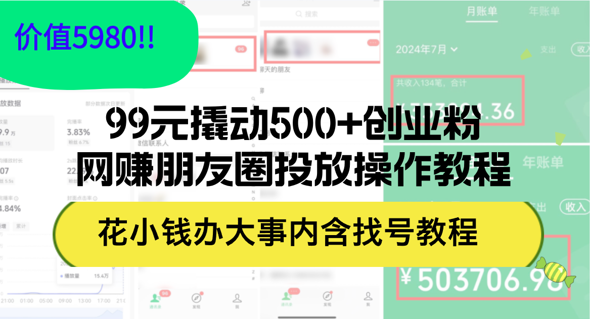 （12431期）99元撬动500+创业粉，网赚朋友圈投放操作教程价值5980！花小钱办大事内…-项目网站