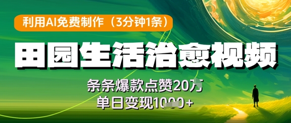 利用AI免费制作田园生活治愈视频，条条爆款点赞20W，单日变现几张-项目网站