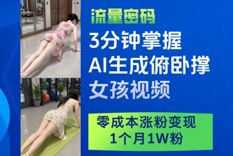 3分钟掌握AI生成俯卧撑女孩视频，零成本涨粉变现，1个月1W粉-项目网站