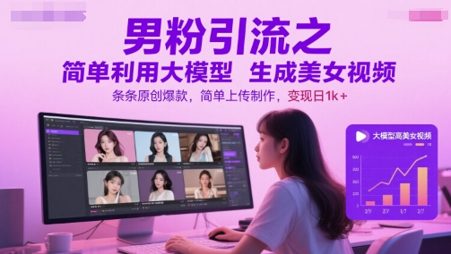 男粉引流之简单利用大模型生成美女视频，条条原创爆款，简单上传制作，变现日1k+-项目网站