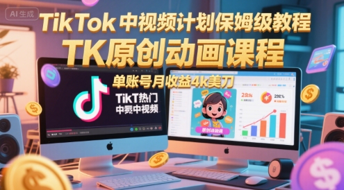 TikTok中视频计划保姆级教程，TK原创动画课程，单账号月收益4k美刀-项目网站