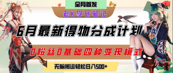 6月份最新得物创作者分成计划2.0玩法，0粉丝0基础四种模式变现，从隐蔽渠道无脑搬运，日入2张-项目网站