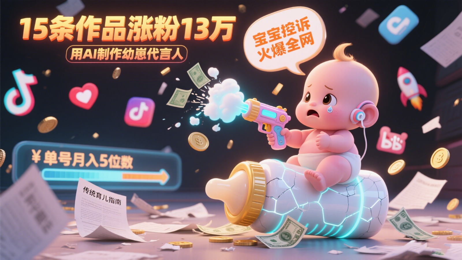 用AI制作幼崽代言人，宝宝的控诉火爆全网，15条作品涨粉13万，单号月入5位数实操教程-项目网站